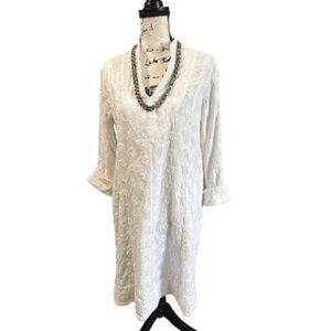 Soft Surroundings Crisp White Cotton Minimalist Midi Dress M Embroidered Pockets